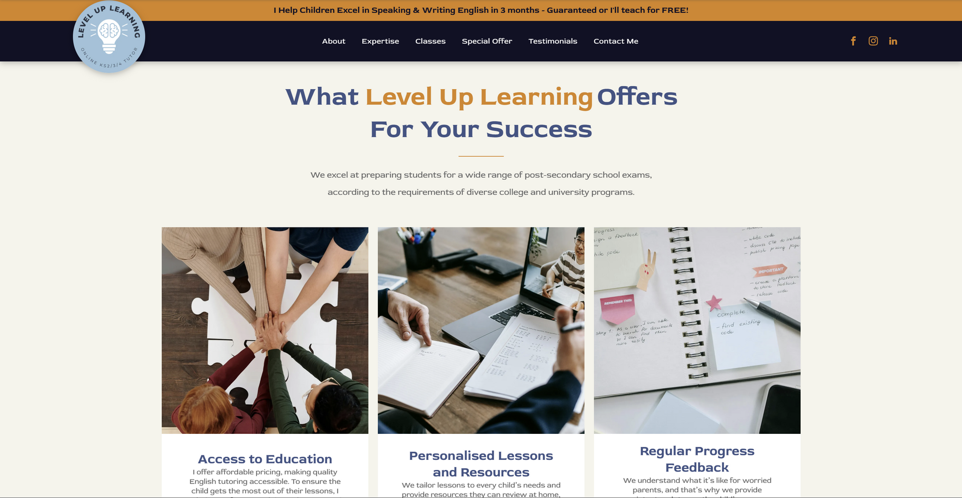 Website promoting Level Up Learning with images of teamwork, lessons, and programs.