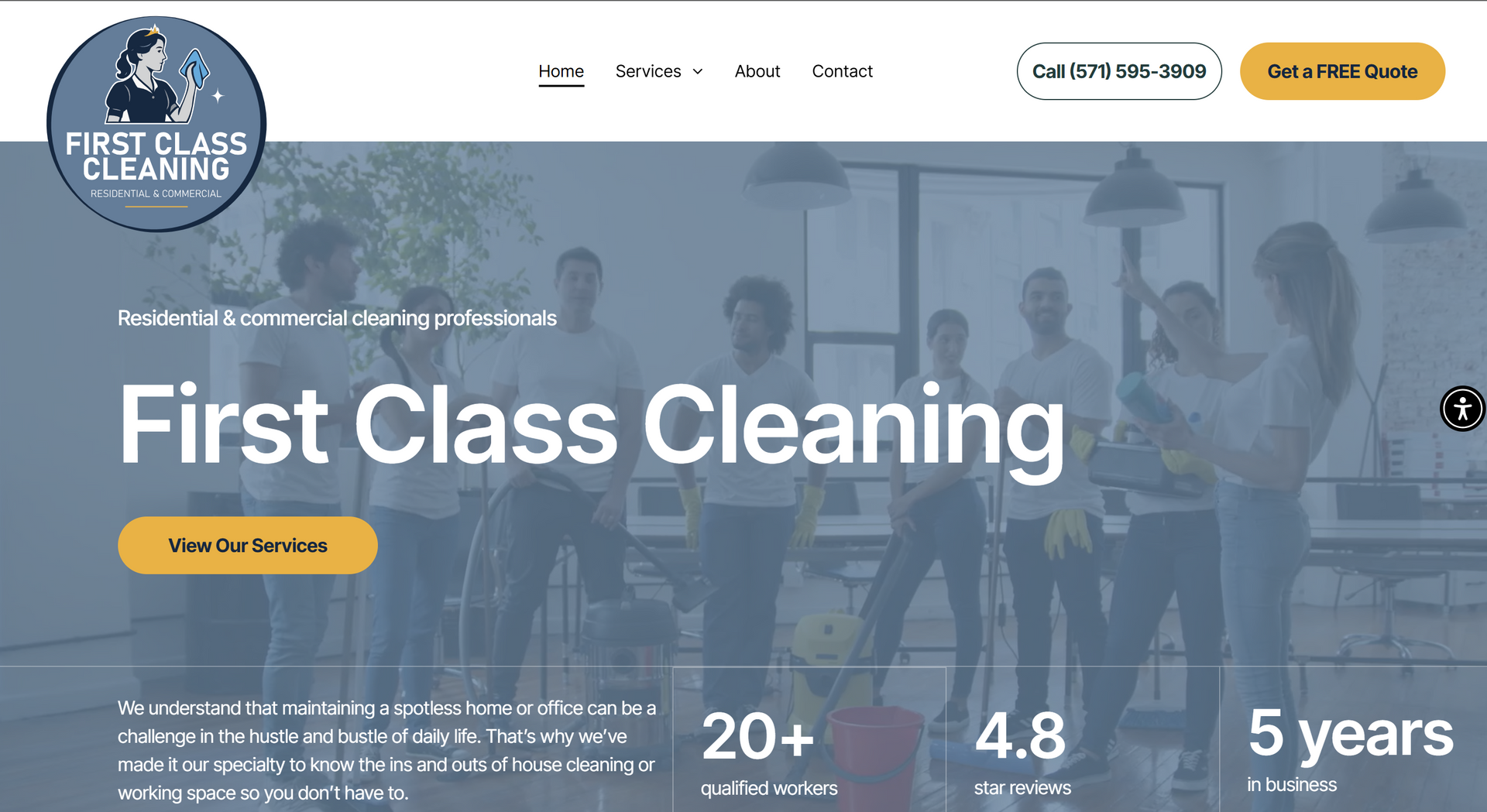 Hero image of a cleaning team in an office setting, with the company name, First Class Cleaning, and summary statistics.