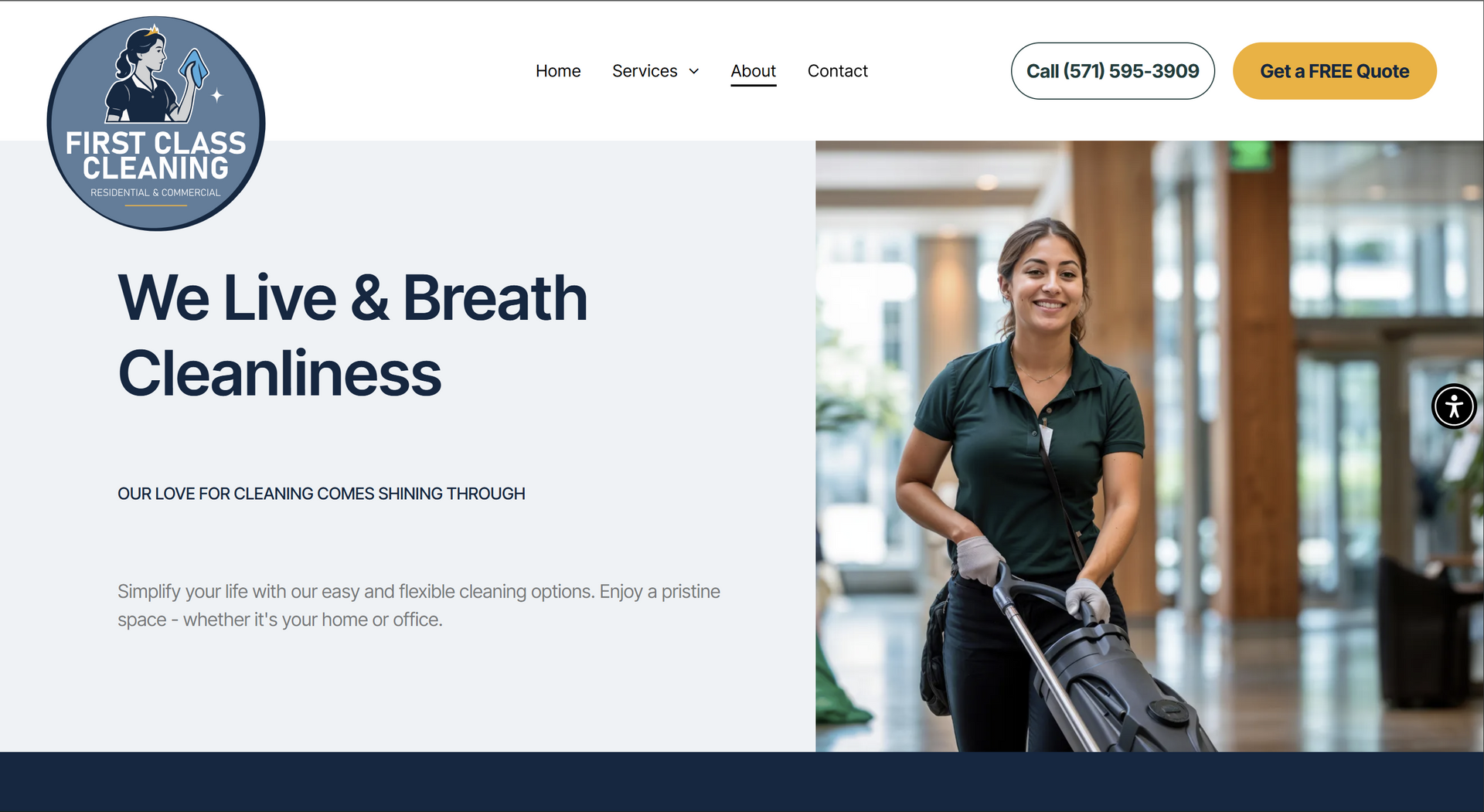 A smiling cleaner uses a floor buffer in a modern office building for the First Class Cleaning website homepage.