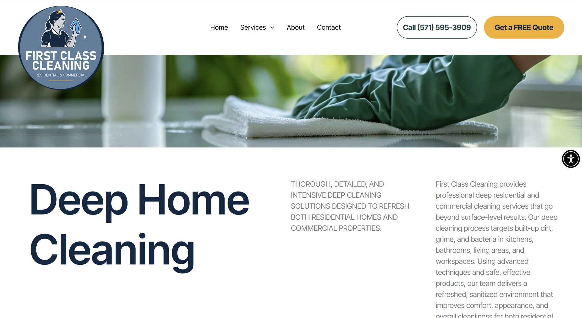 Header for First Class Cleaning website showing a gloved hand cleaning a surface, with