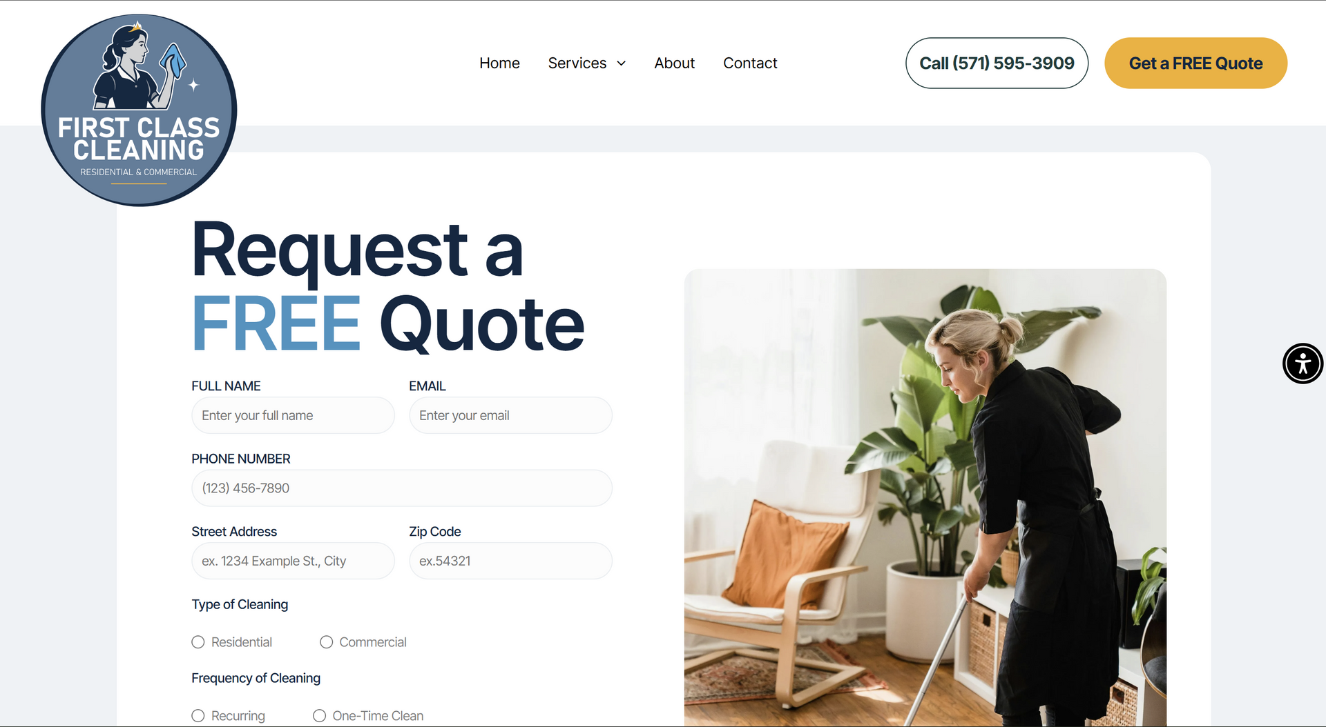 A cleaning service website featuring a form to request a free quote next to a photo of a person cleaning a living room.