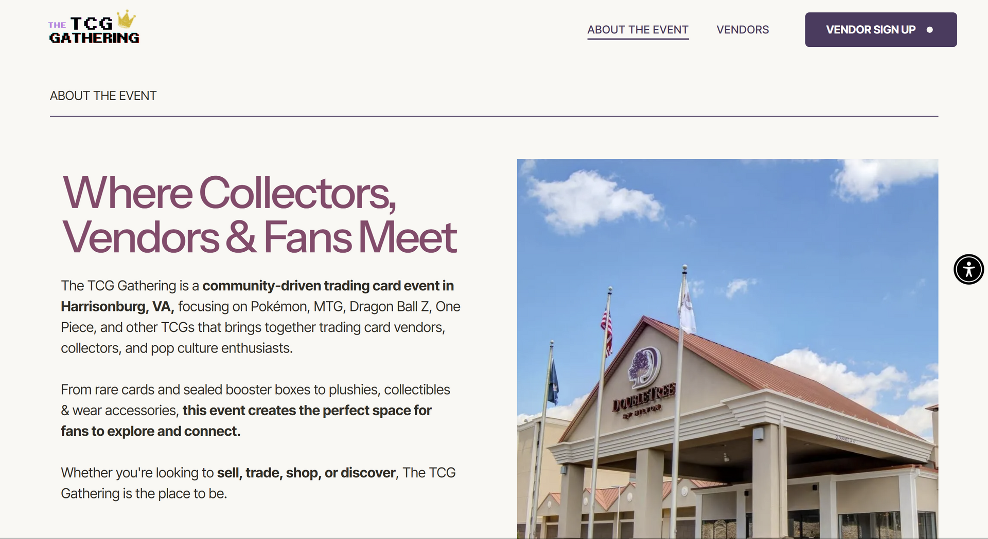 The TCG Gathering event website header featuring text about the community and a photo of a hotel building exterior.