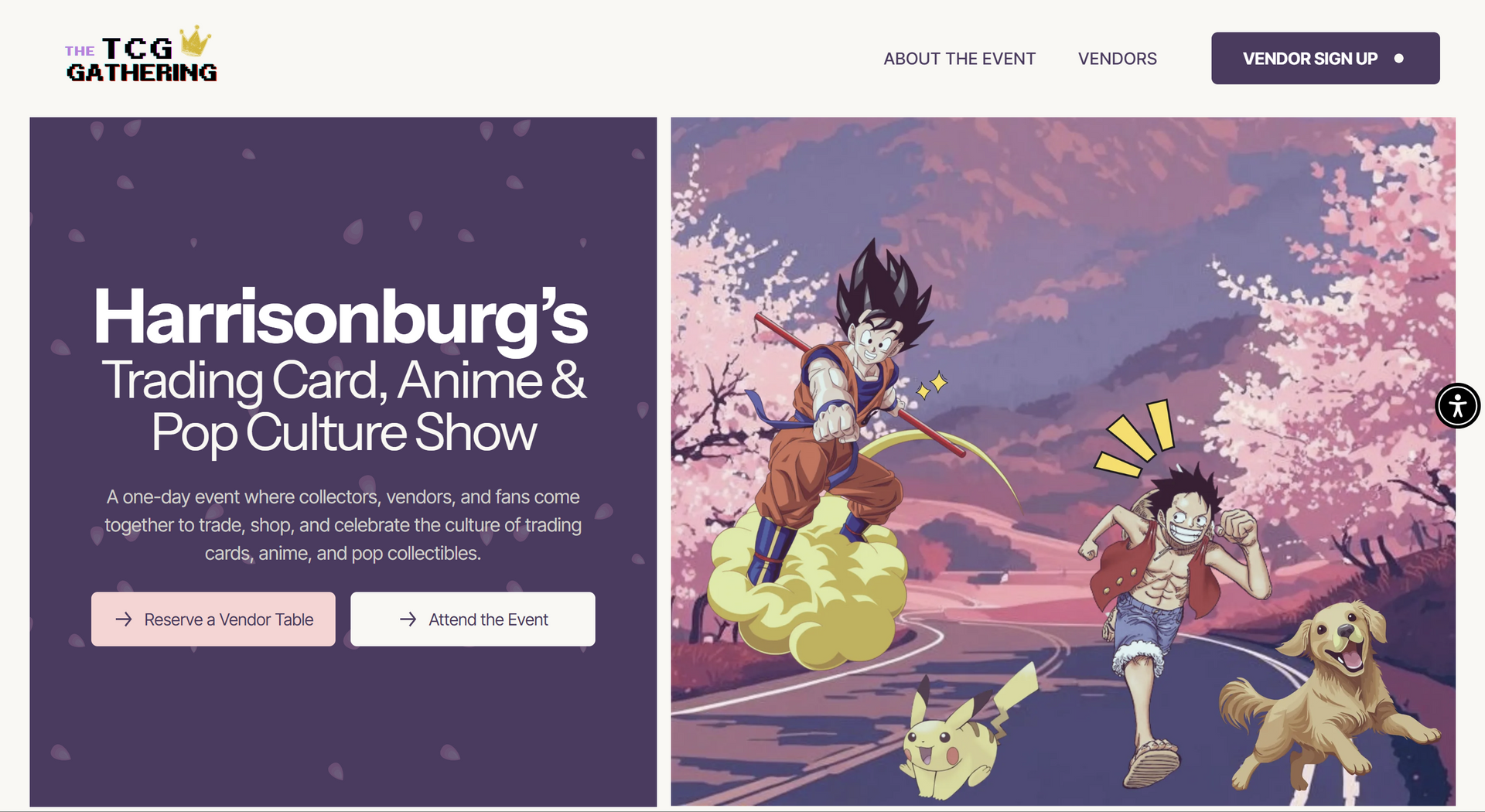 Website banner for Harrisonburg’s Trading Card, Anime & Pop Culture Show featuring anime characters in a park scene.
