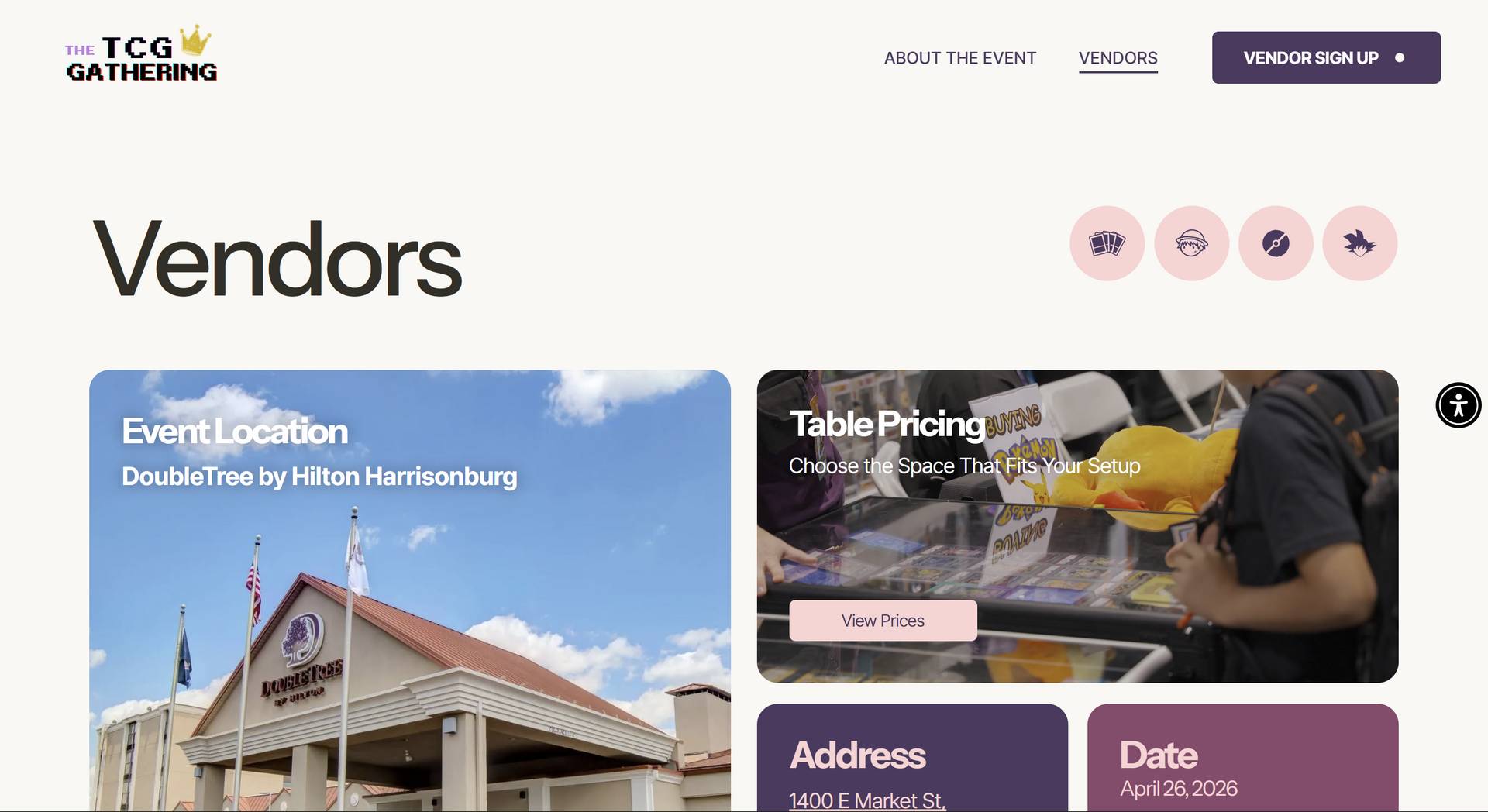 The TCG Gathering website page for vendors, showing event location, table pricing, address, and date details.