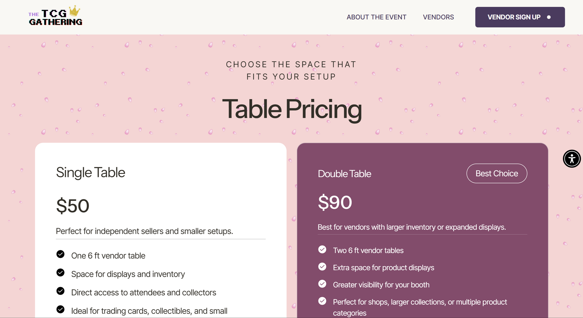 The TCG Gathering website displays pricing options for single ($50) and double ($90) vendor tables on a pink background.