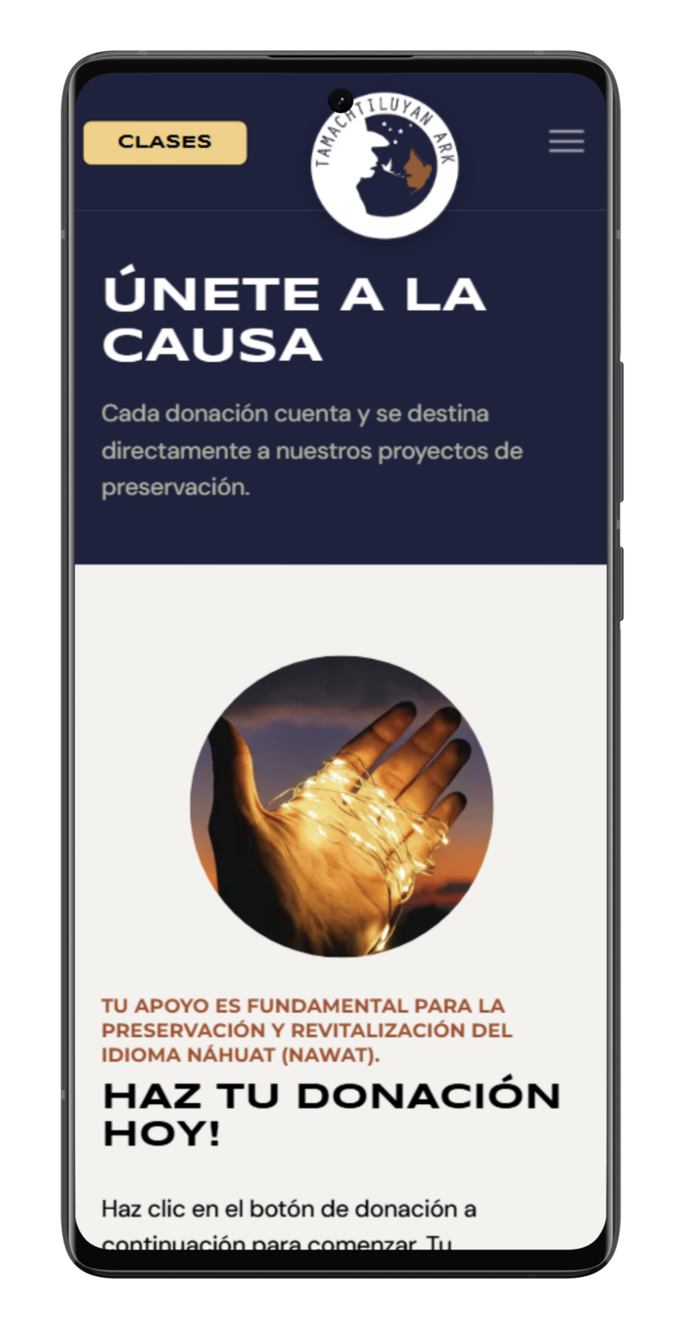 Mobile view of a donation website: text 