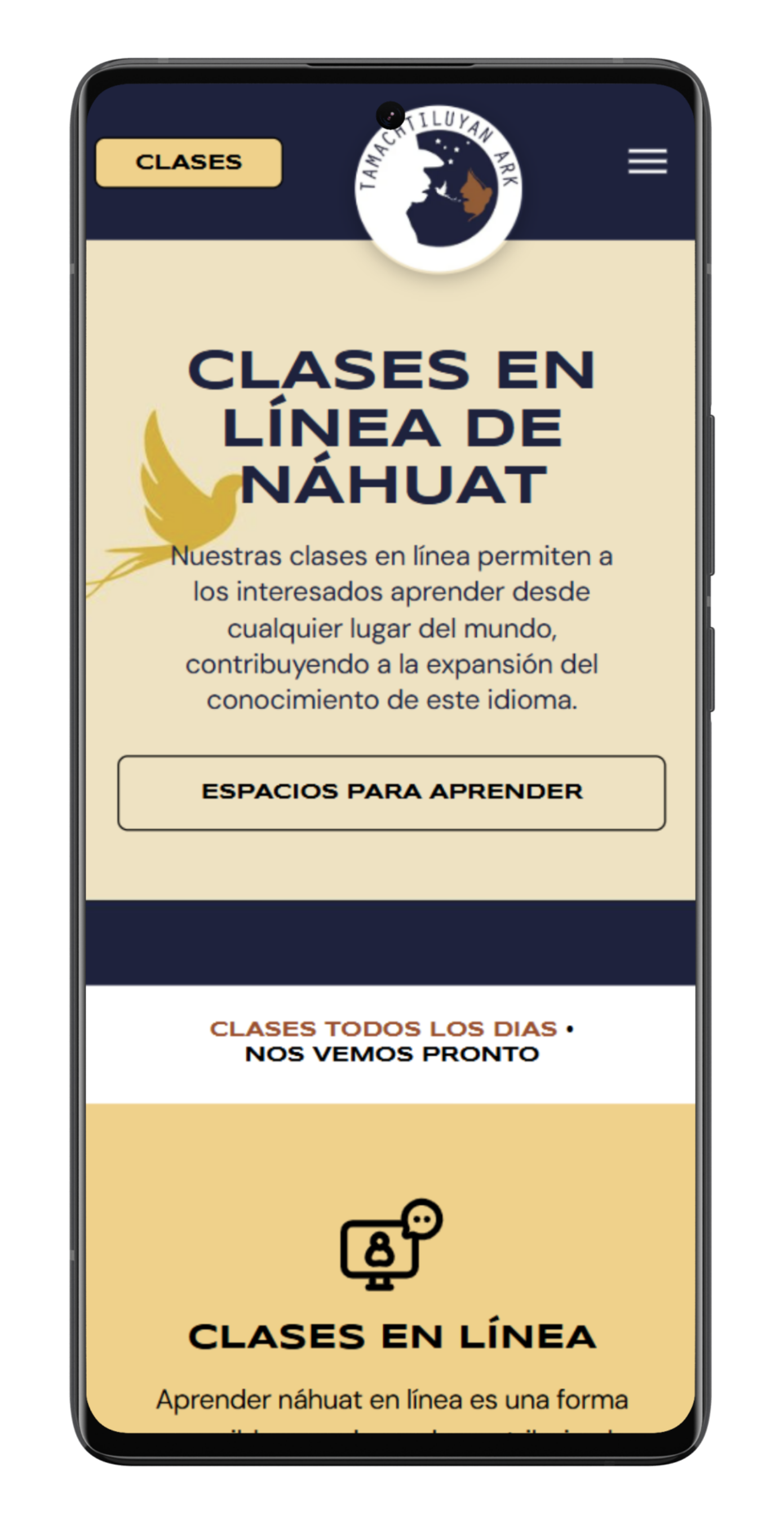 Mobile screen: Website offering online Náhuat language classes.