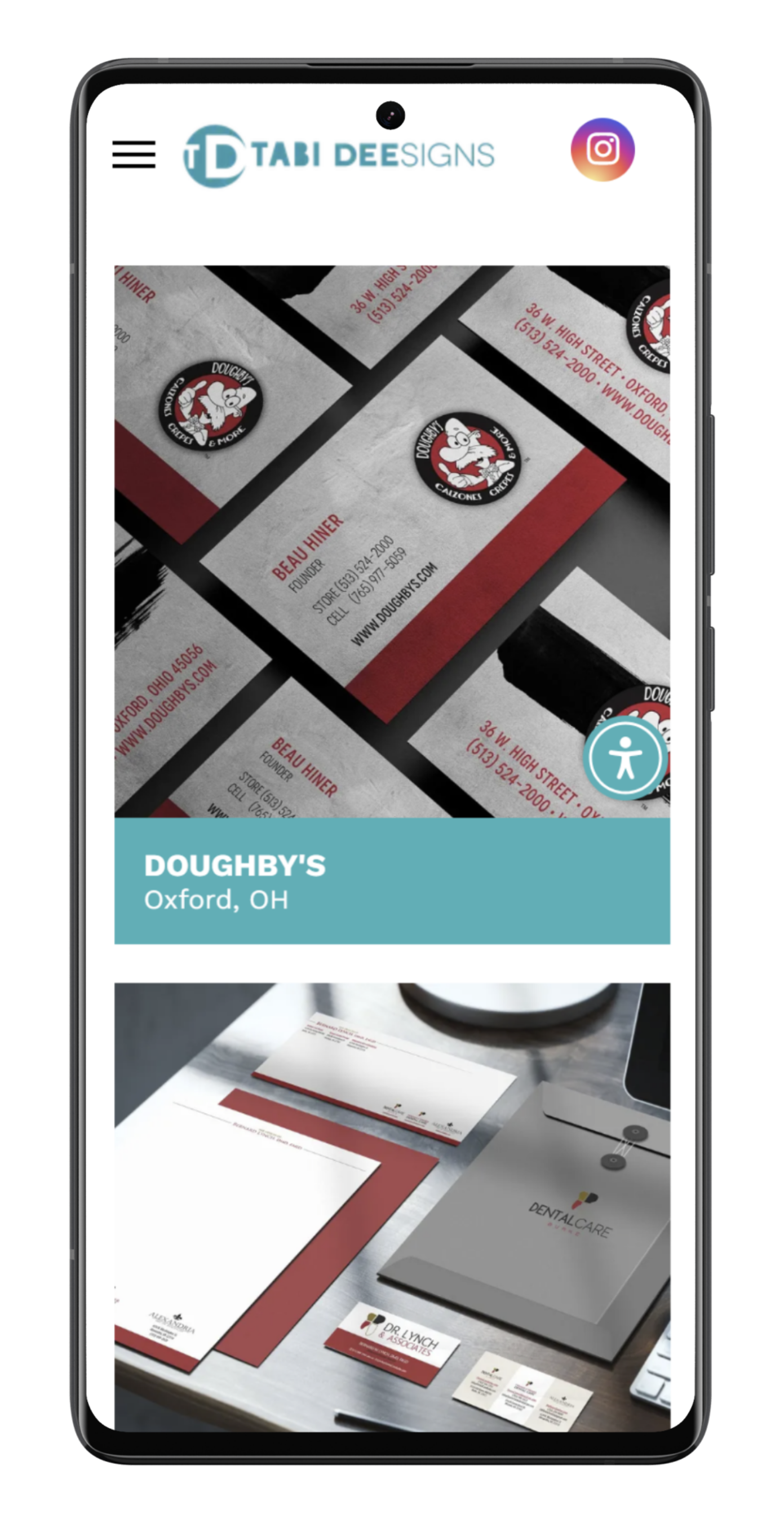Mobile screen displaying Tabi Designs' portfolio: Doughby's branding with white, red, and black elements.