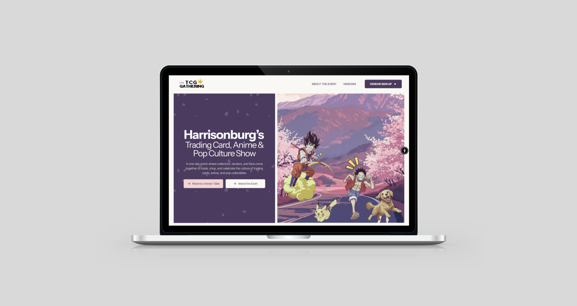 A laptop screen showing a website for Harrisonburg Trading Card & Pop Culture Gear featuring anime-style illustrations.