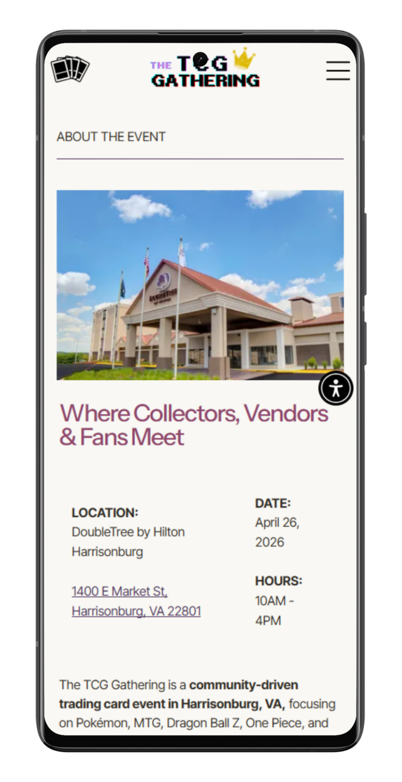 A mobile phone screen displays an event page for
