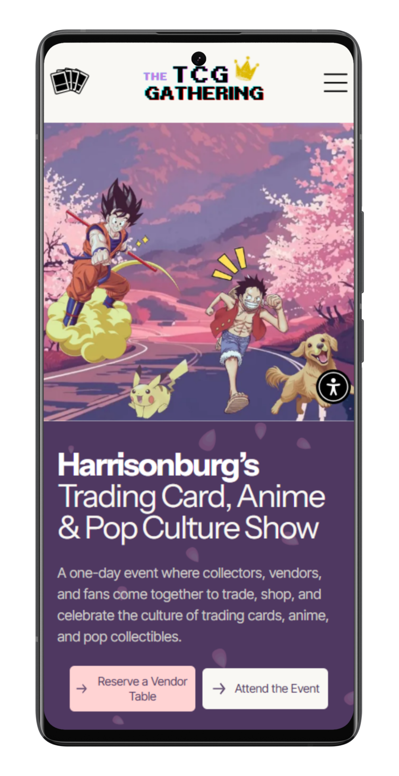 Mobile phone screen showing The TCG Gathering website: an event for trading cards, anime, and pop culture in Harrisonburg.