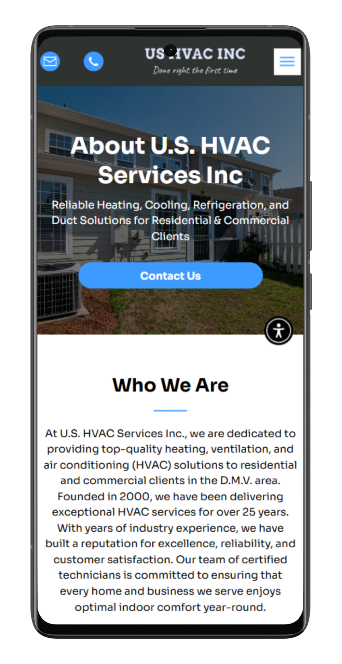Mobile phone screen showing a website for U.S. HVAC Services Inc. The page features the company logo, contact information, and an 