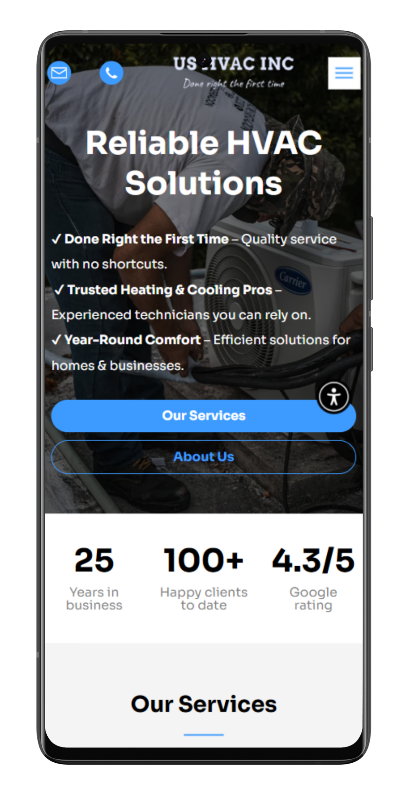 Mobile webpage for US HVAC INC, showing services with blue call-to-action buttons, testimonials, and company details.