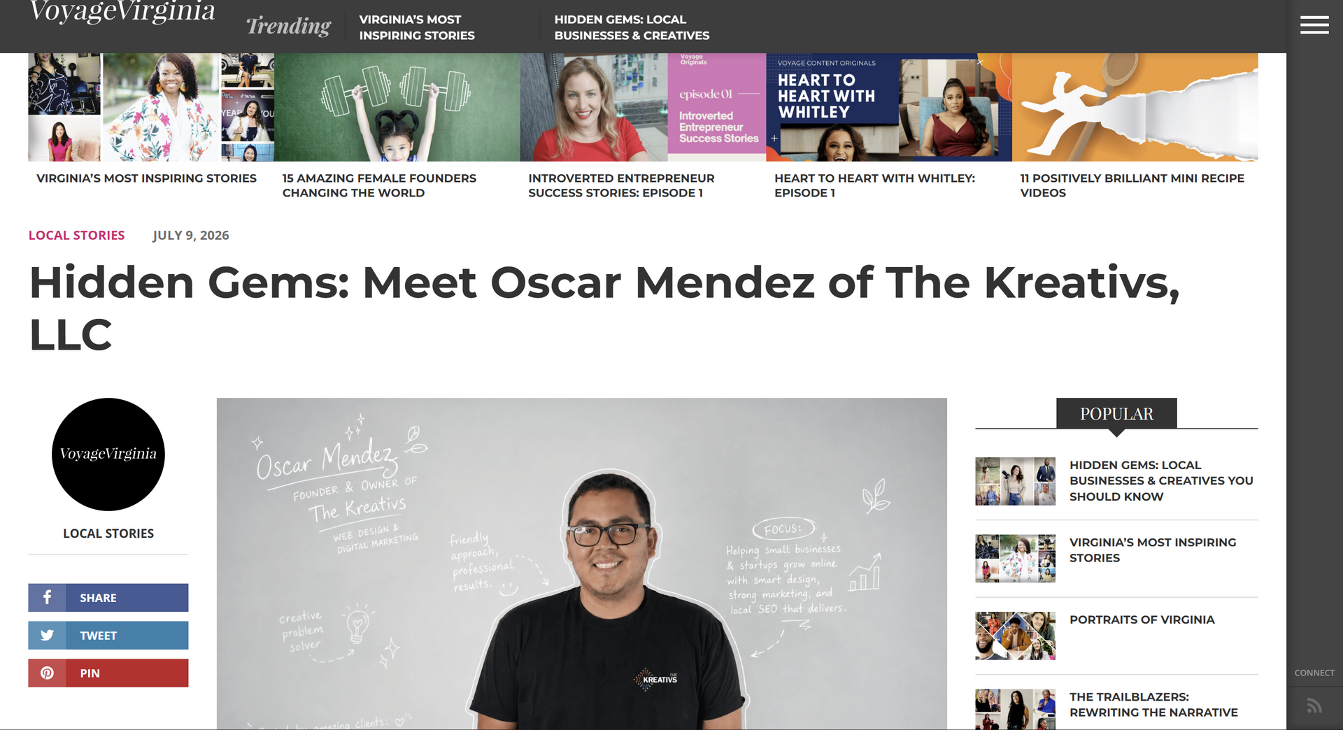 Webpage article titled “Hidden Gems: Meet Oscar Mendez Of The Kreativs, LLC” with a portrait of him in front of a chalkboard