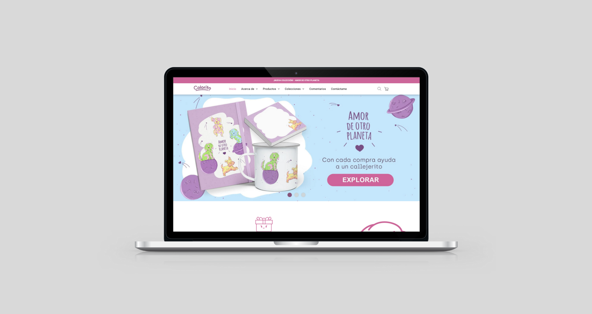 Laptop displaying a website with pastel illustrations of stationery items like a mug and notebook.