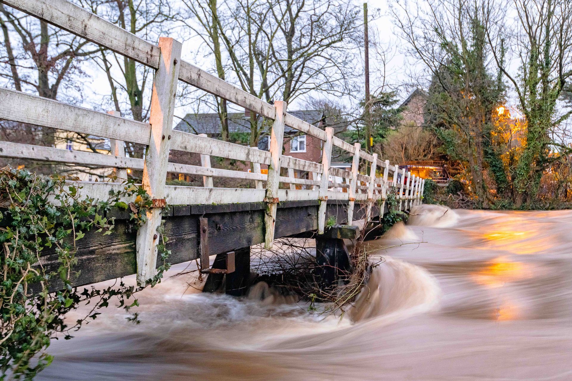 Floodwaters at the old footbridge, Fishergreen, Ripon, North Yorkshire