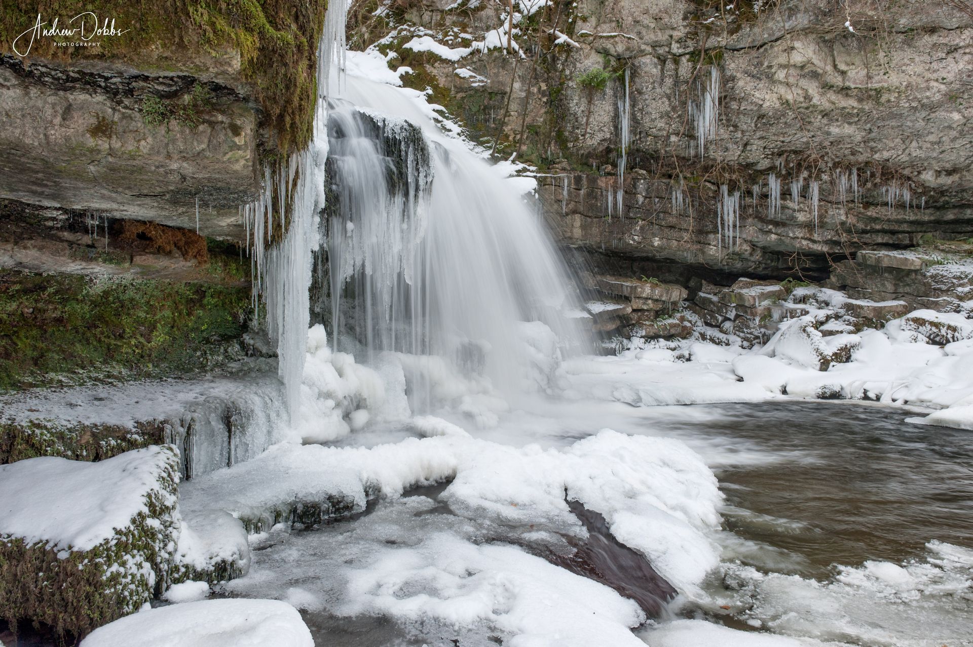 Ice and snow at Cauldron Force, West Burton in Upper Wharfedale