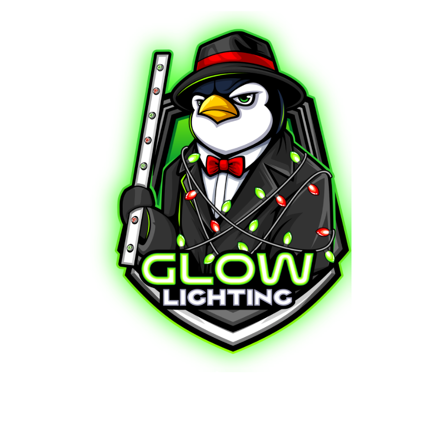 A penguin in a suit and tie is holding a glowing stick.