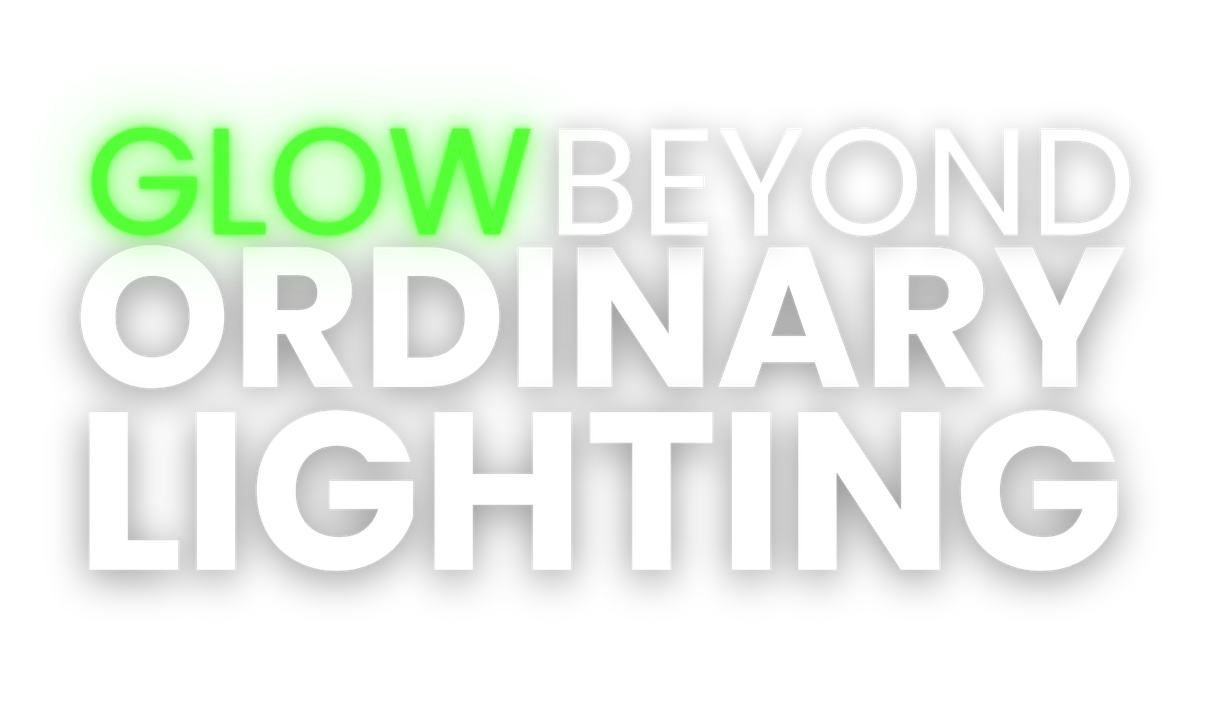 The logo for glow beyond ordinary lighting is green and white.