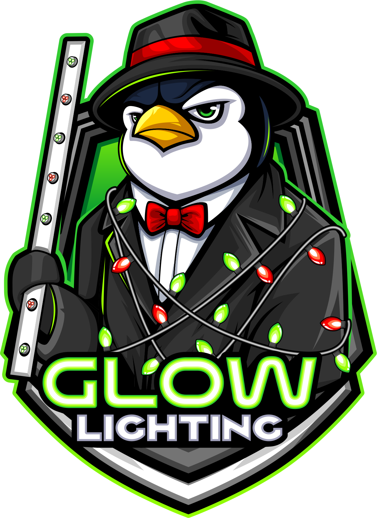 A penguin in a suit and tie is holding a glowing stick.