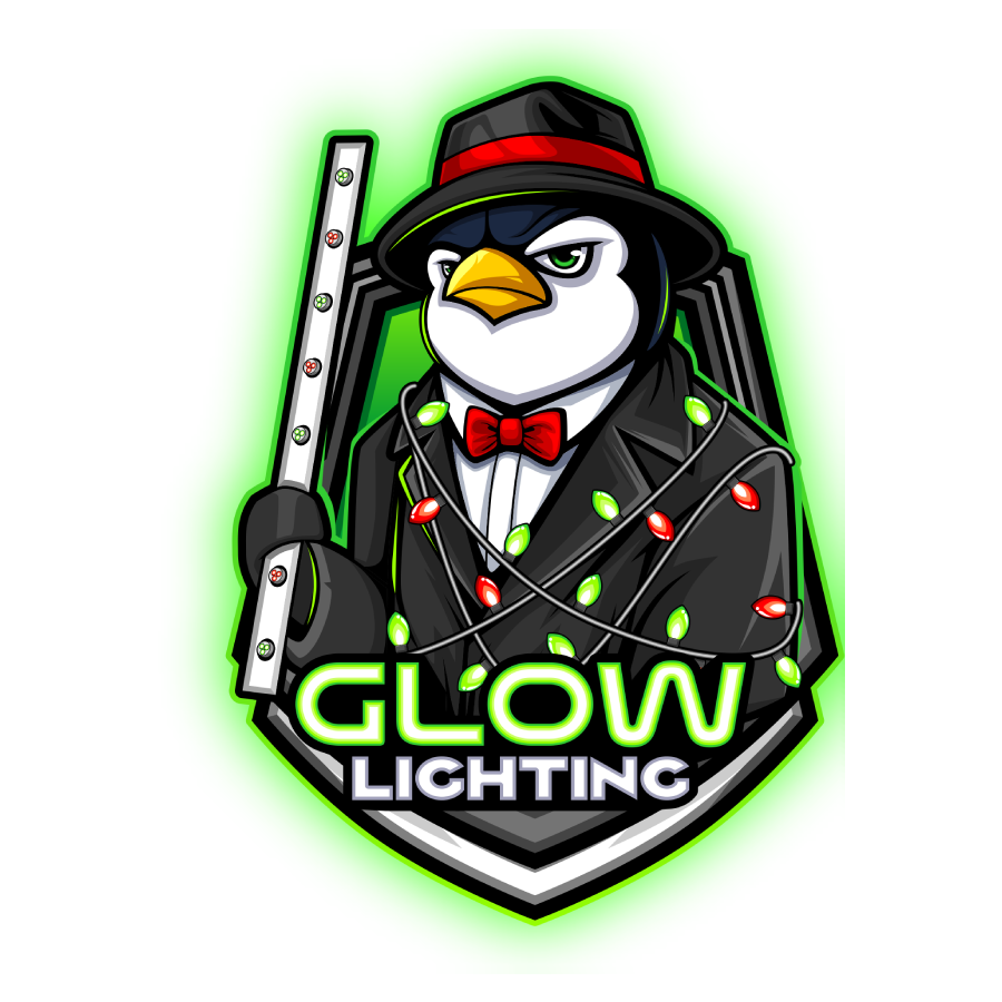 A penguin in a suit and tie is holding a glowing stick.