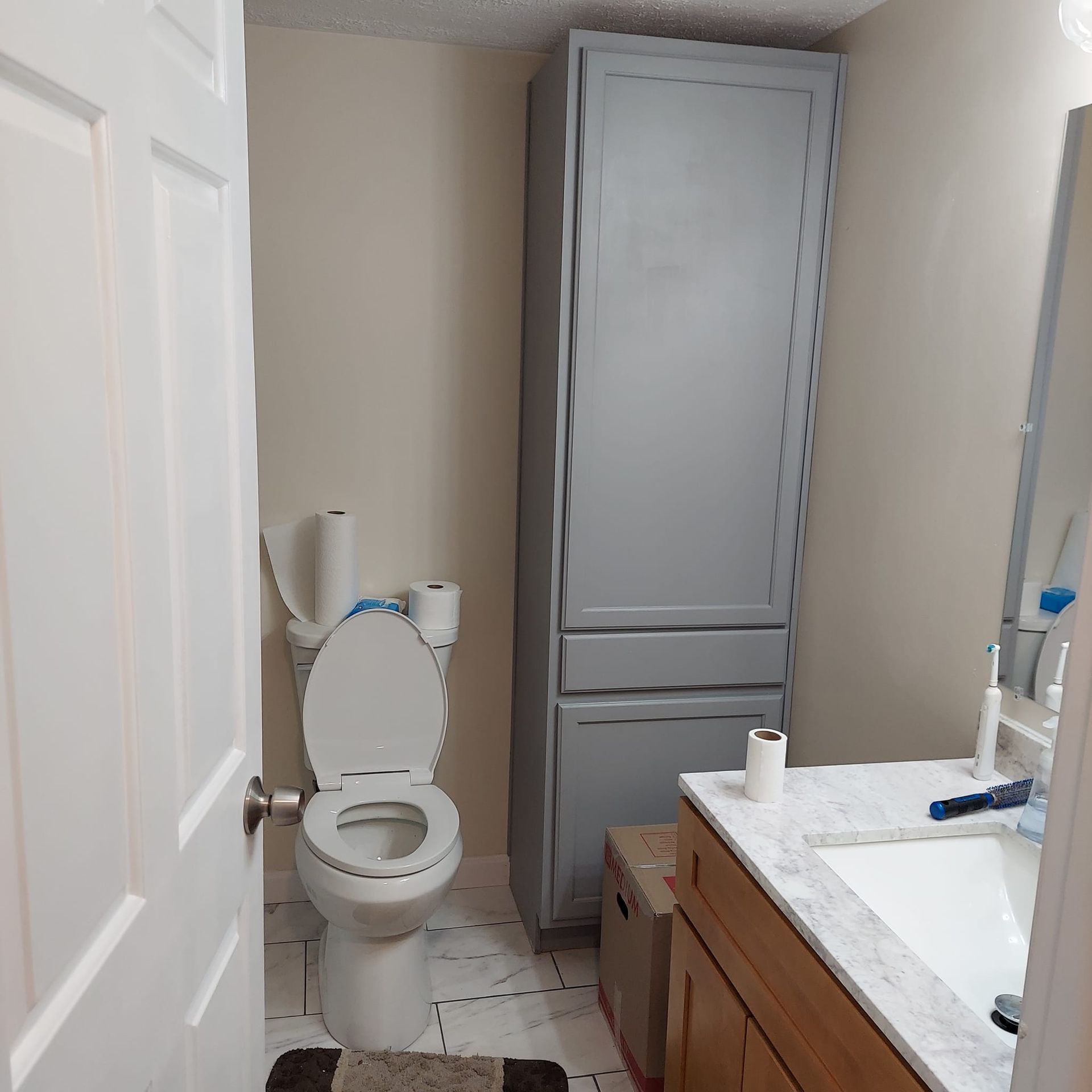 A bathroom with a toilet a sink and a cabinet