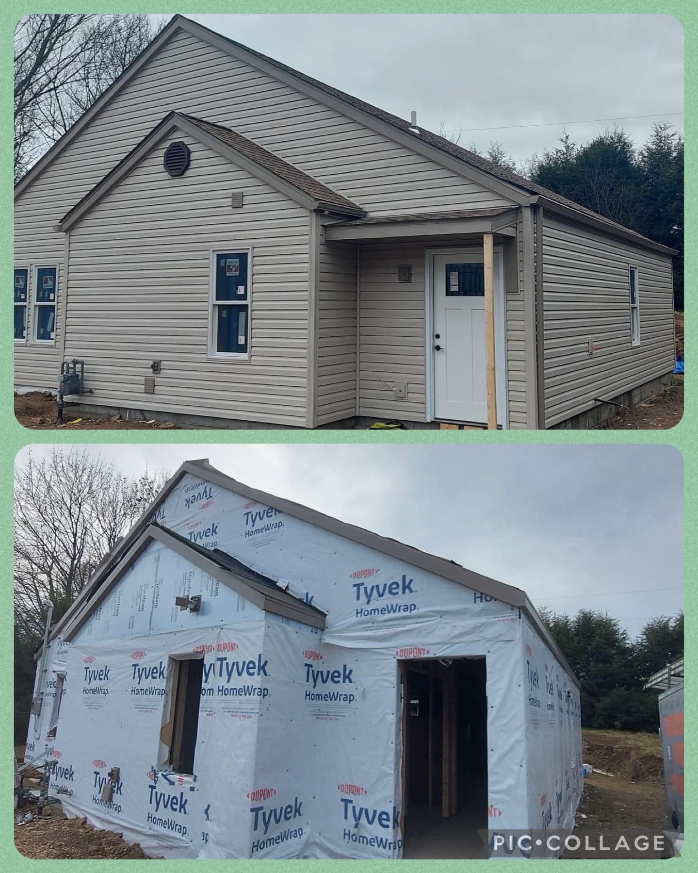 A before and after picture of a house being built.