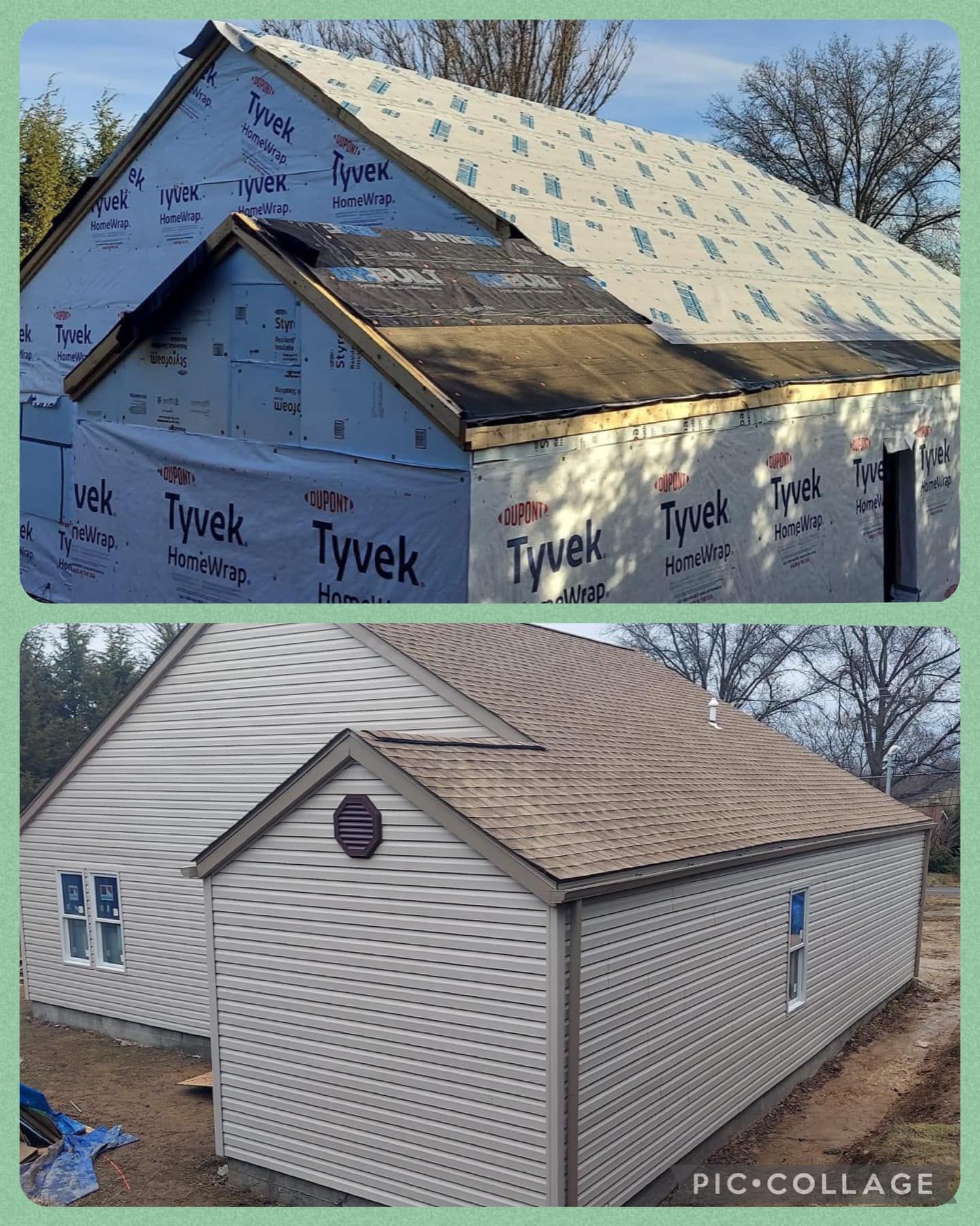 A before and after picture of a house with a roof being installed