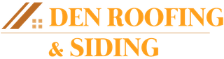 The logo for den roofing and siding is orange and brown.