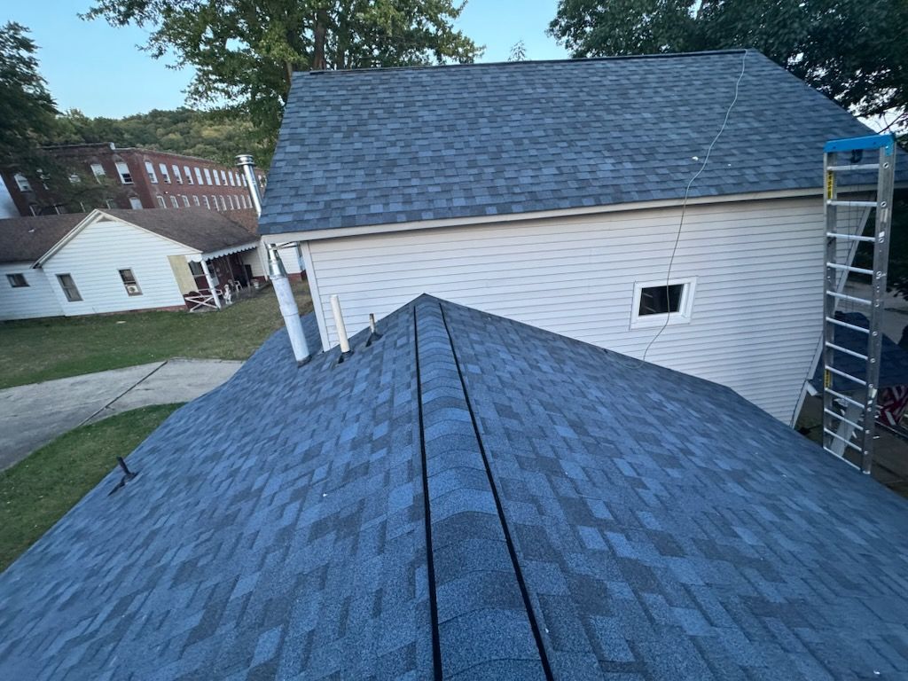 View from a roof of a house with dark blue shingles. Ladder alongside. Other buildings in background.