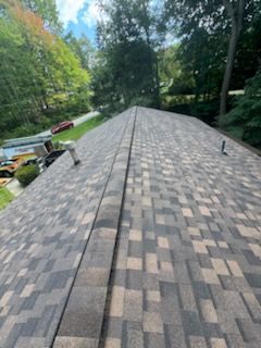 View of a shingled roof with a central ridge line, surrounded by trees and a glimpse of a road.