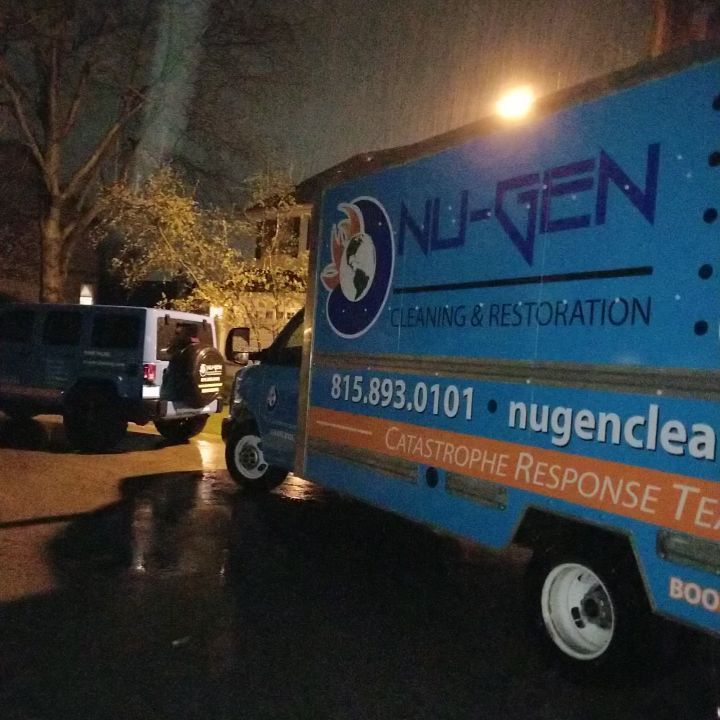 A blue truck that says nu-gen cleaning and restoration