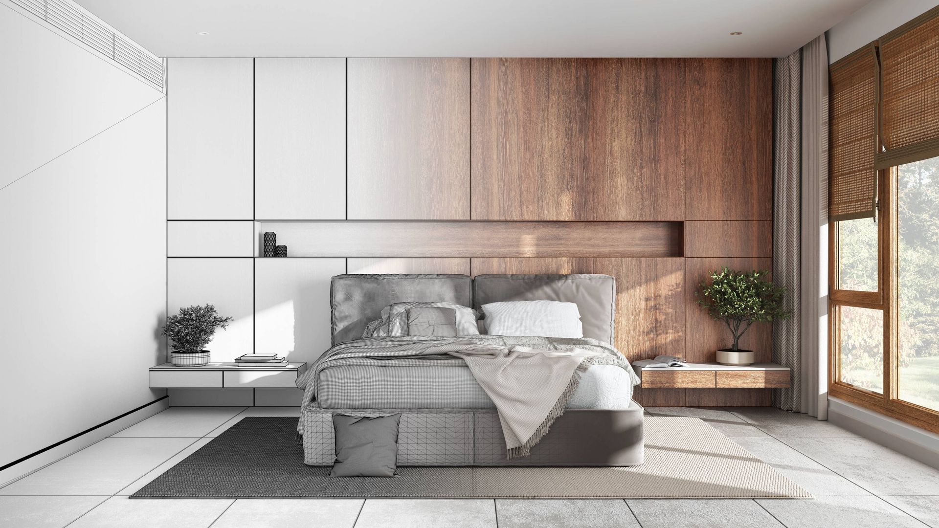 Hand-drawn interior design draft project that transitions into a real image.