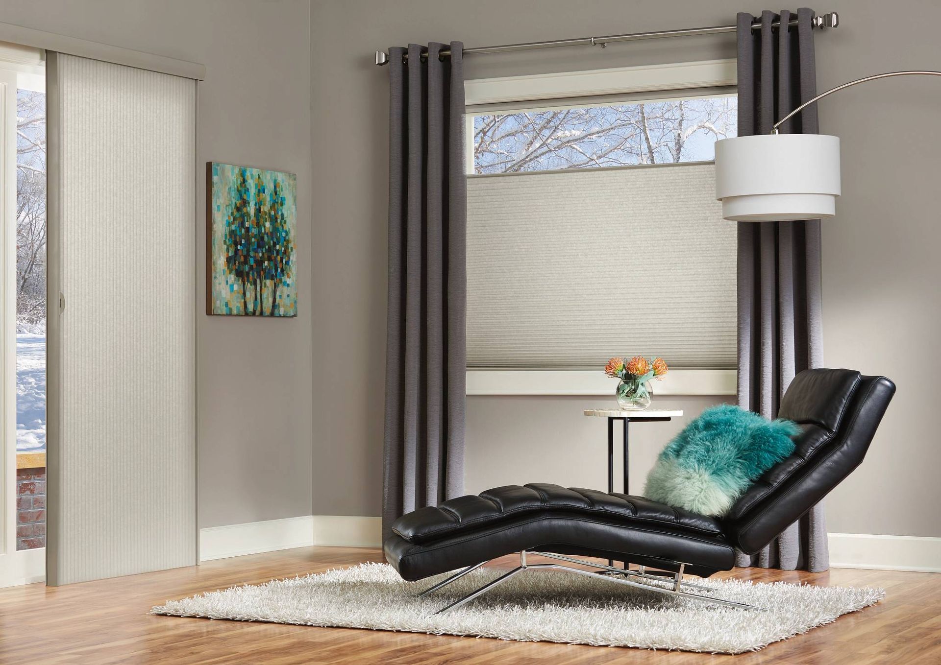 Hunter Douglas Duette® Cellular Shades layered with drapery in a Jersey Shore home