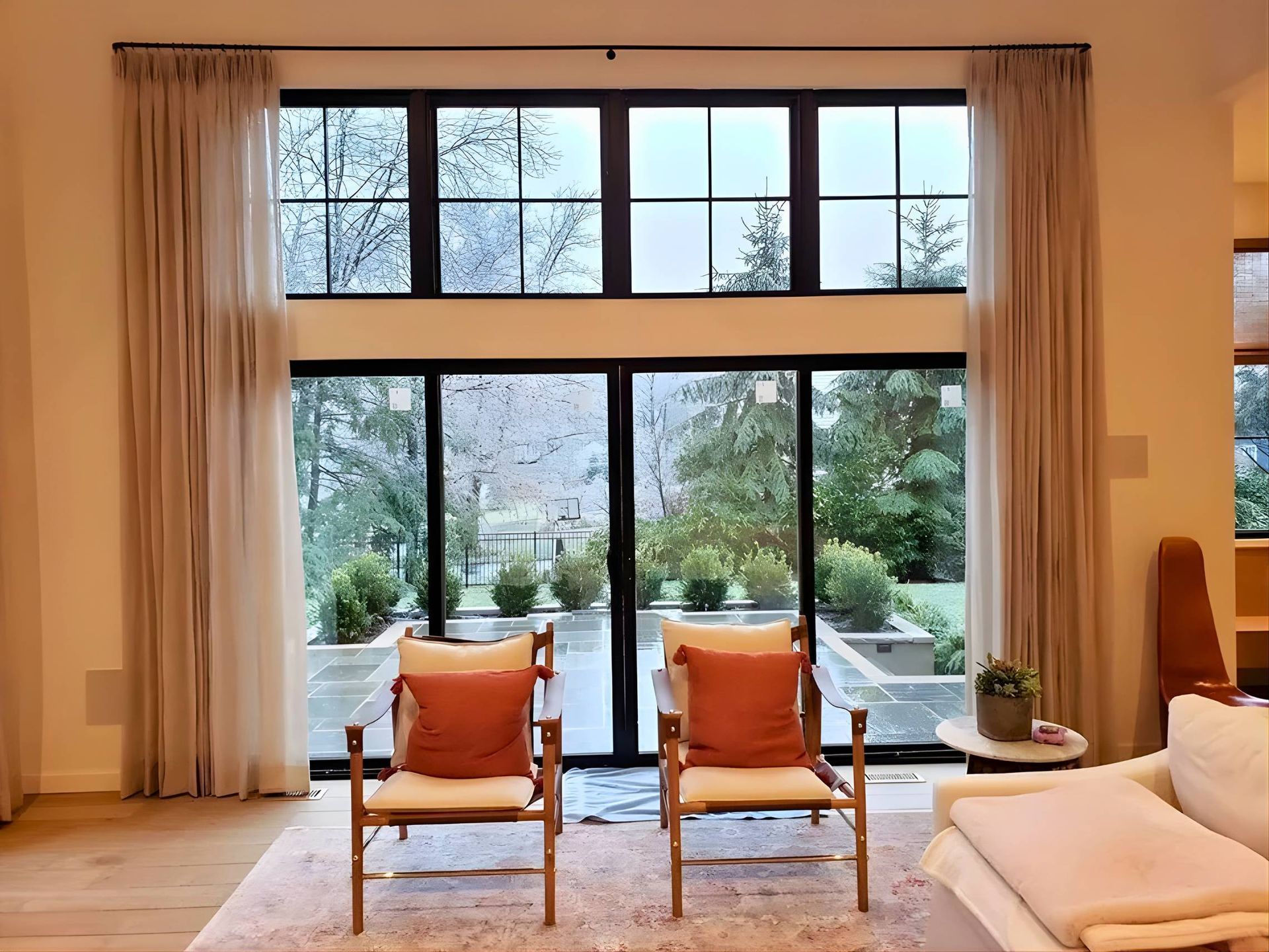 Pleated drapery panels in a sitting room near Manasquan, New Jersey