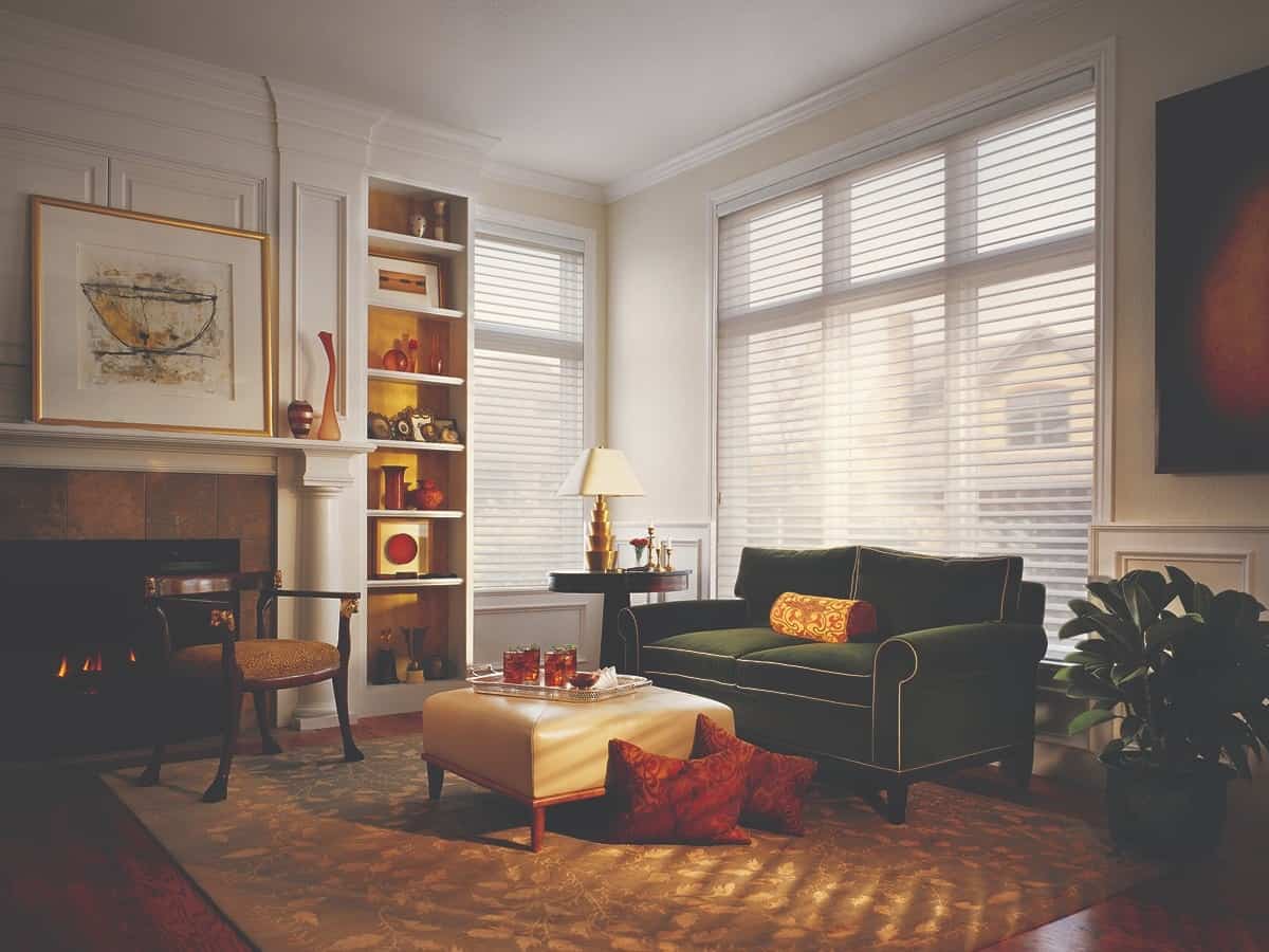 A formal living room interior design with warm colors