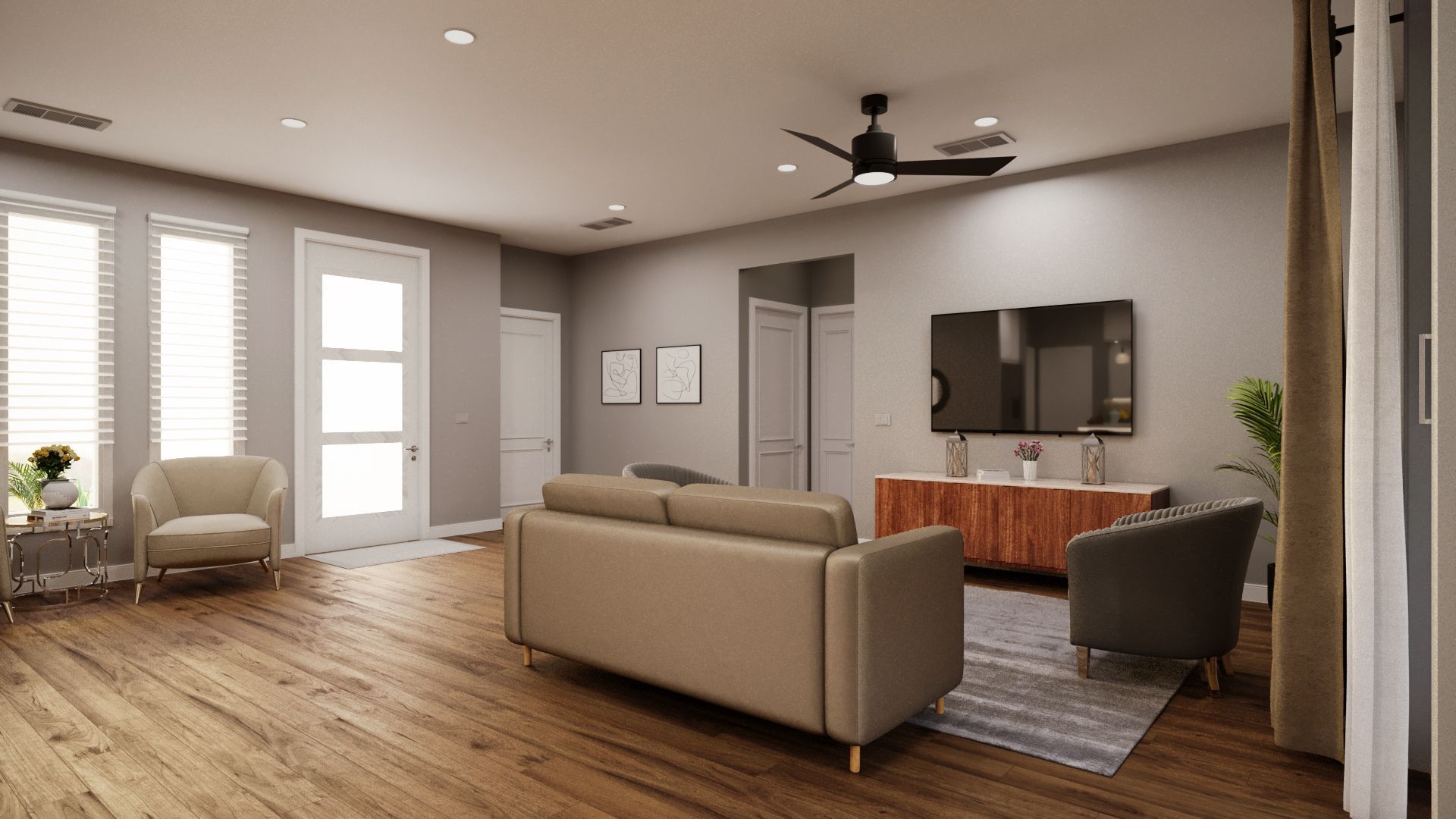 A living room with a couch , chairs , a television and a ceiling fan.