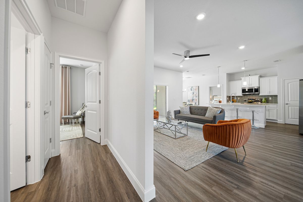 A hallway leading to a living room and kitchen in a house.