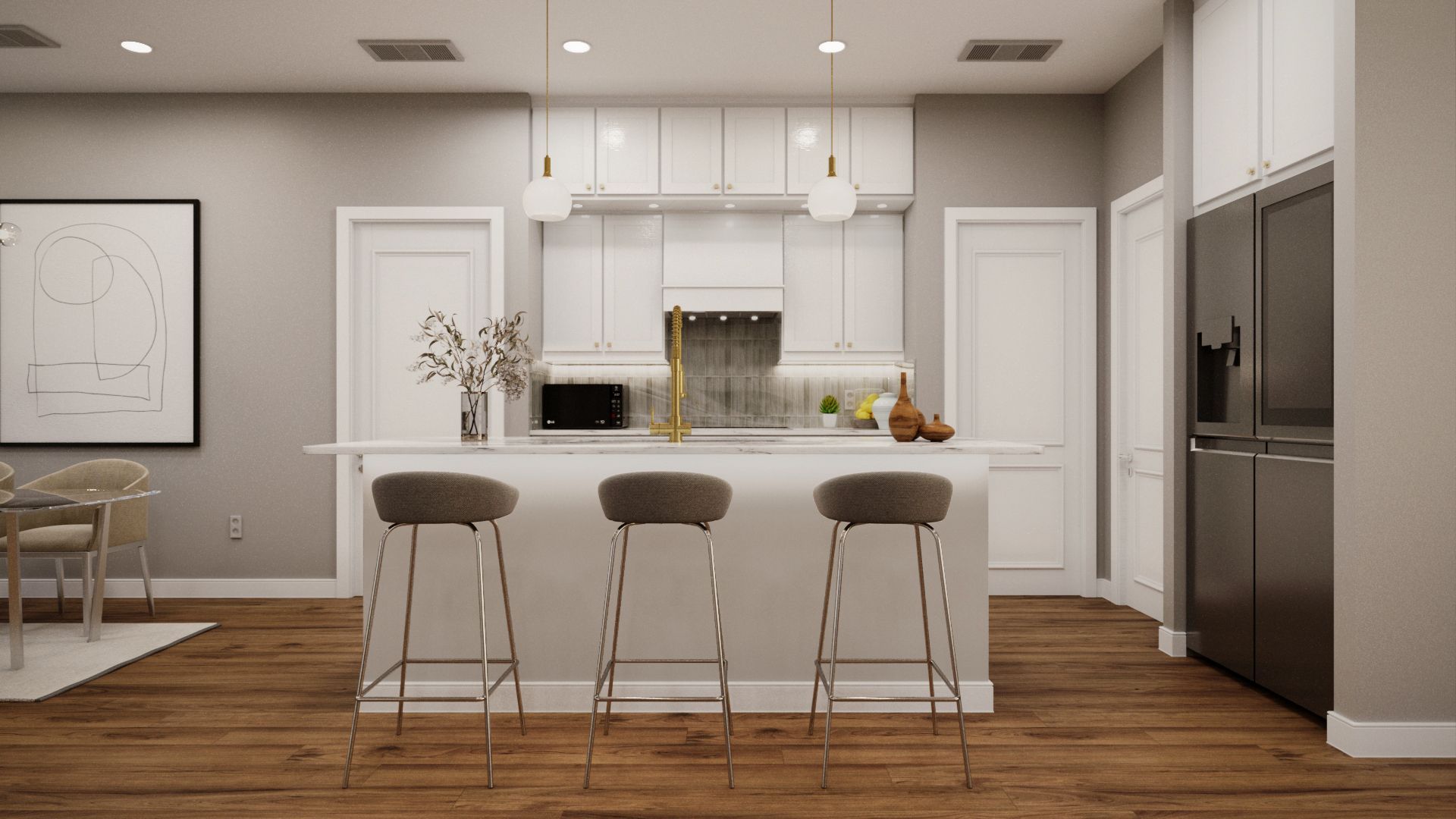 A kitchen with white cabinets , stainless steel appliances , and a large island with three bar stools.