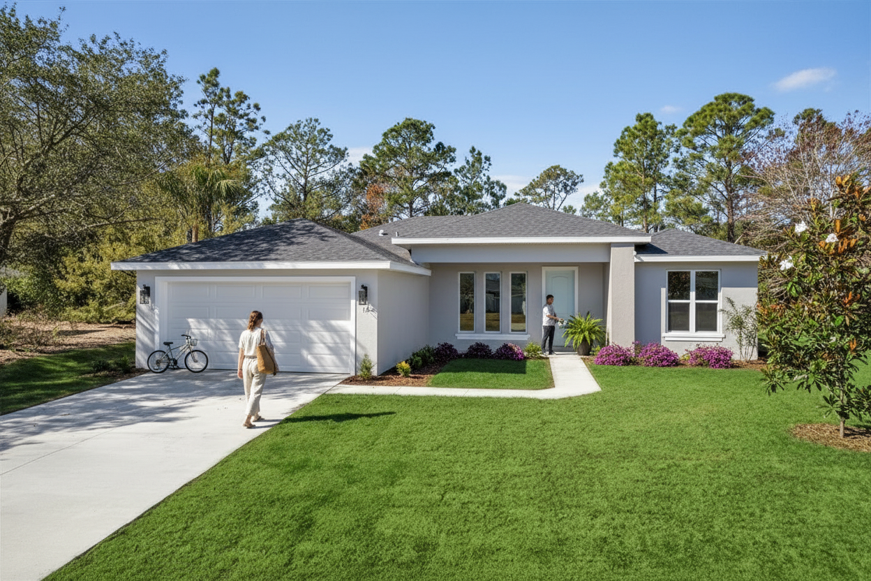 Close-up, editorial-style view of a Palm Coast, Florida home highlighting its architectural details,