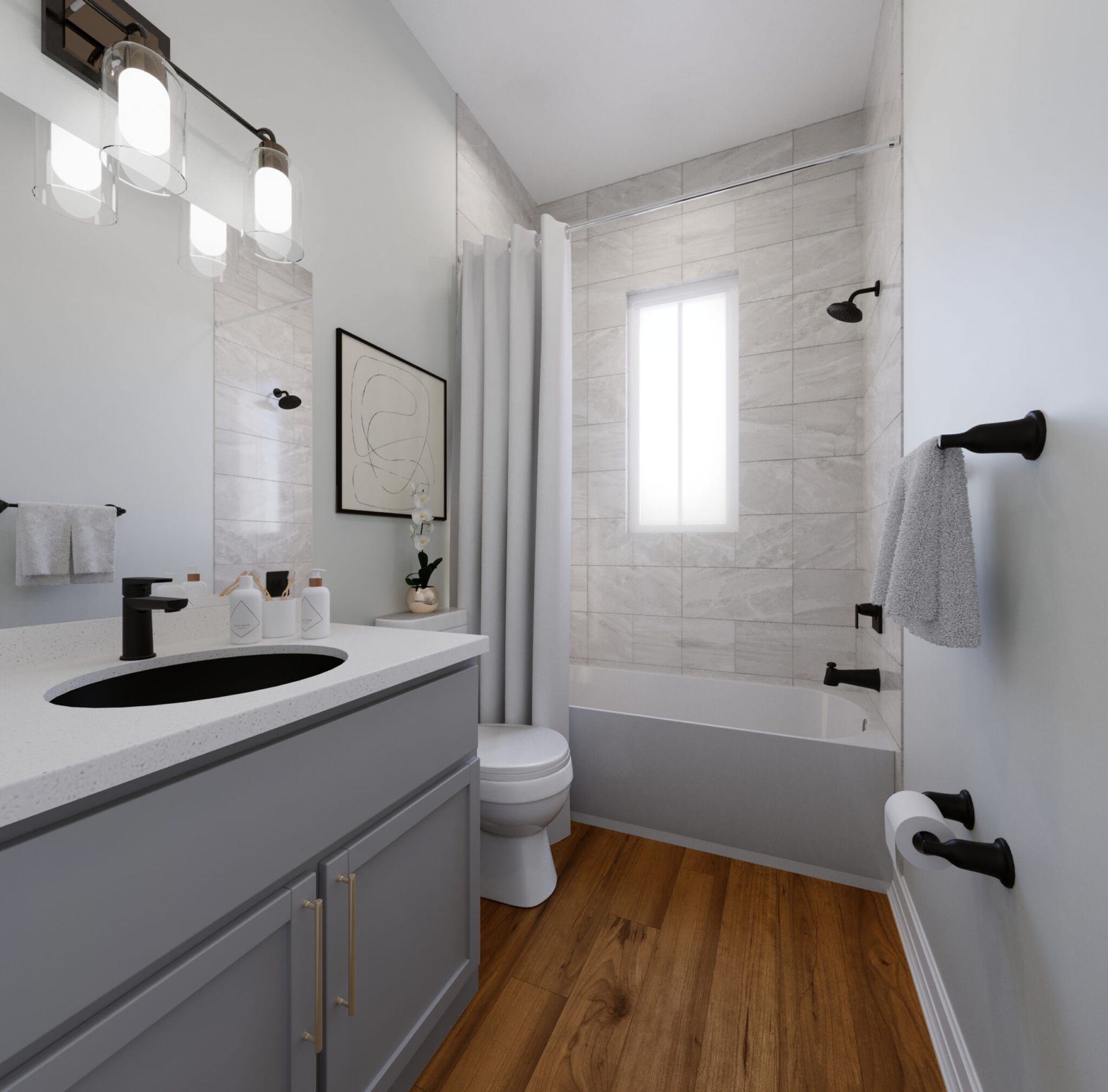 A bathroom with a sink toilet and bathtub