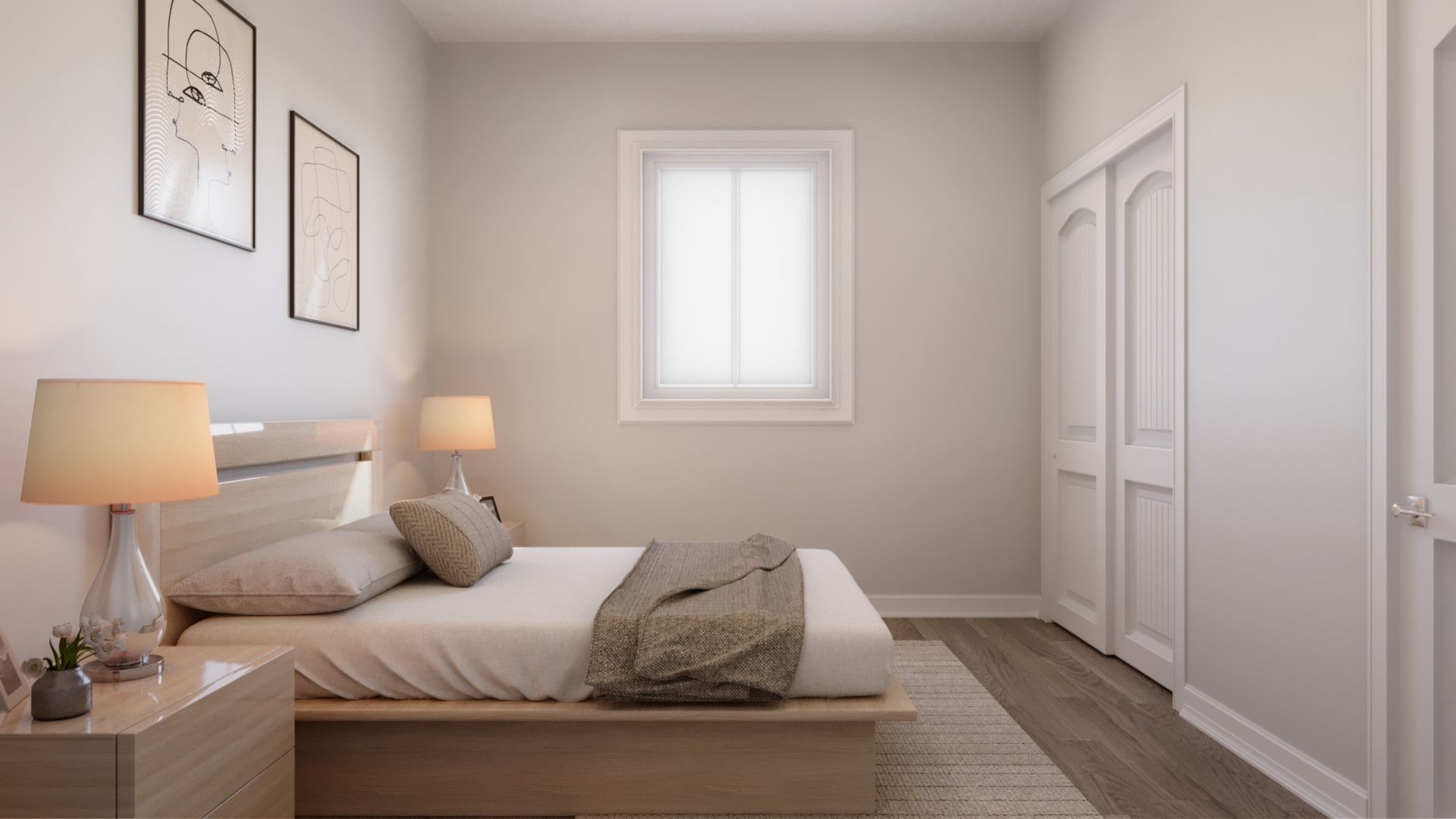 A bedroom with a bed , nightstand , lamps and a window.