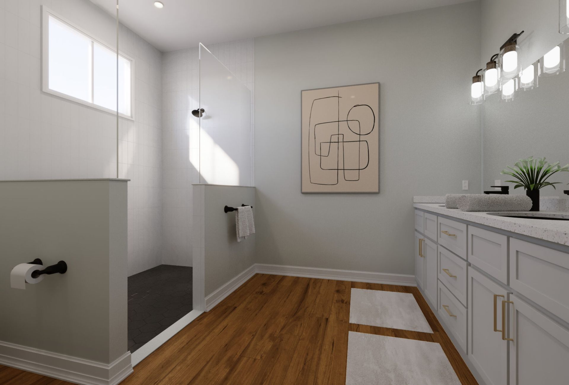 A bathroom with a walk in shower , sink , and cabinets.