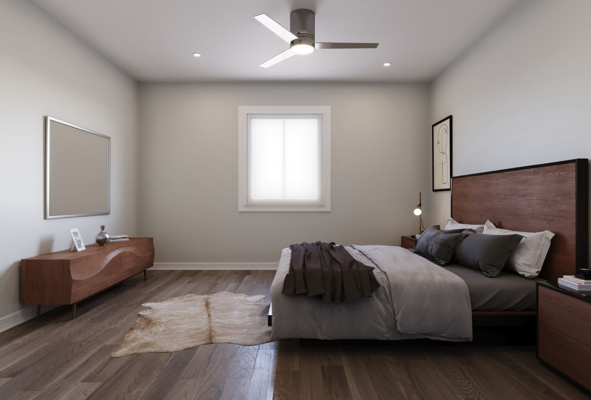A bedroom with a bed , nightstand , television and ceiling fan.