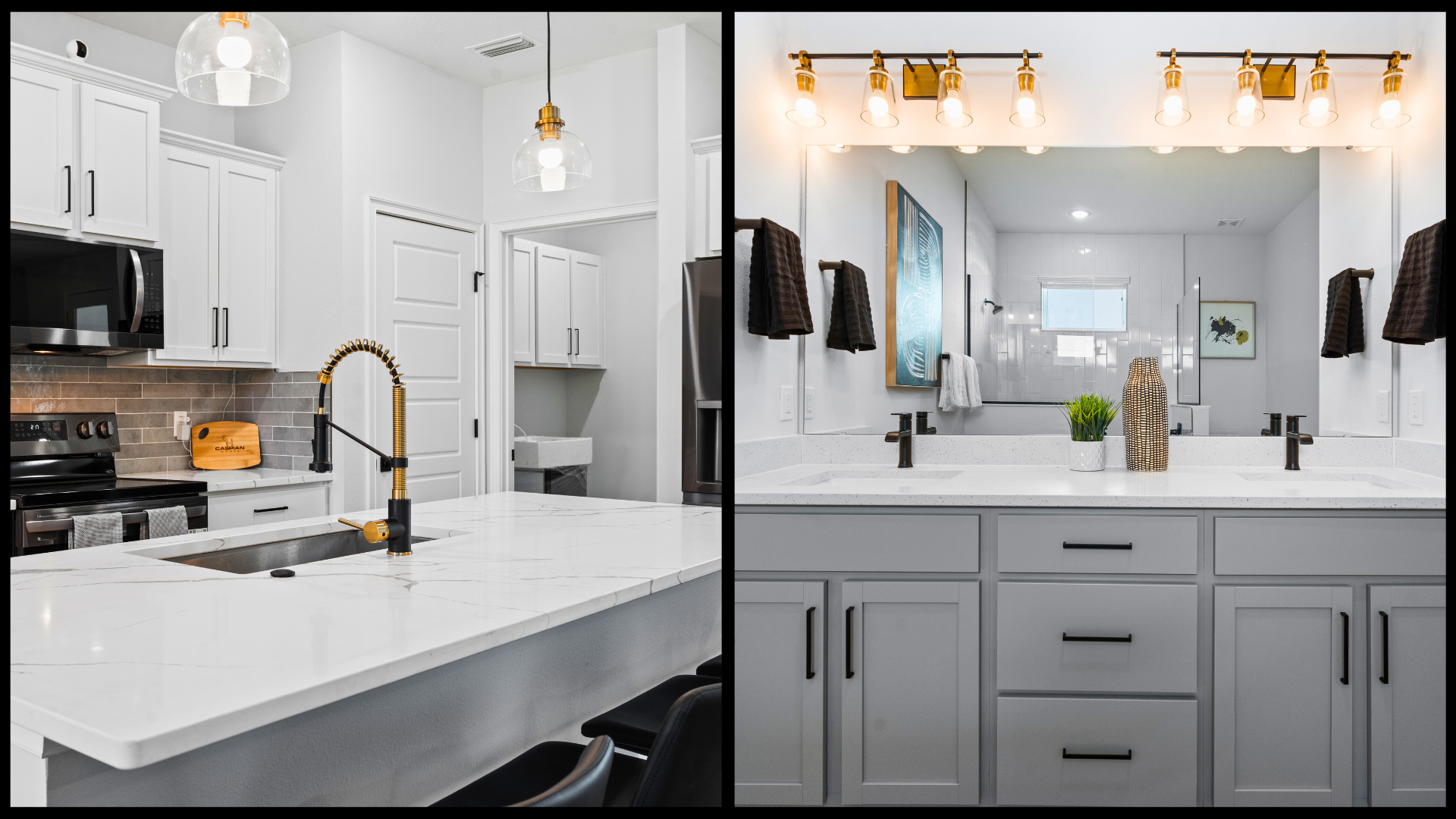 Caspian Homes Grand Alborz home interiors featuring a modern kitchen with quartz countertops, large island, and natural sunlight, alongside a bathroom countertop, showcasing a clean and lived-in aesthetic.