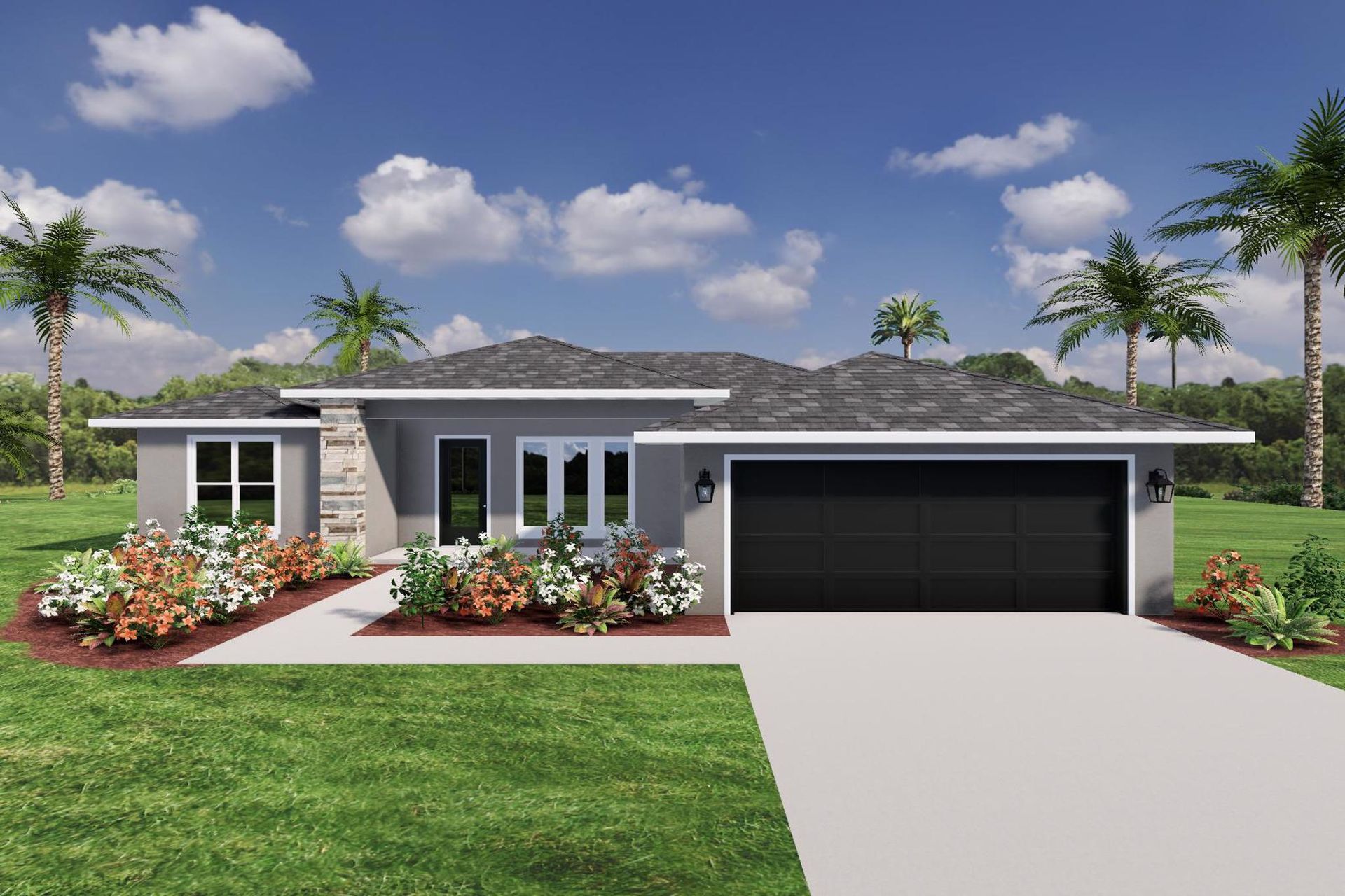 A computer generated image of a house with a black garage door.