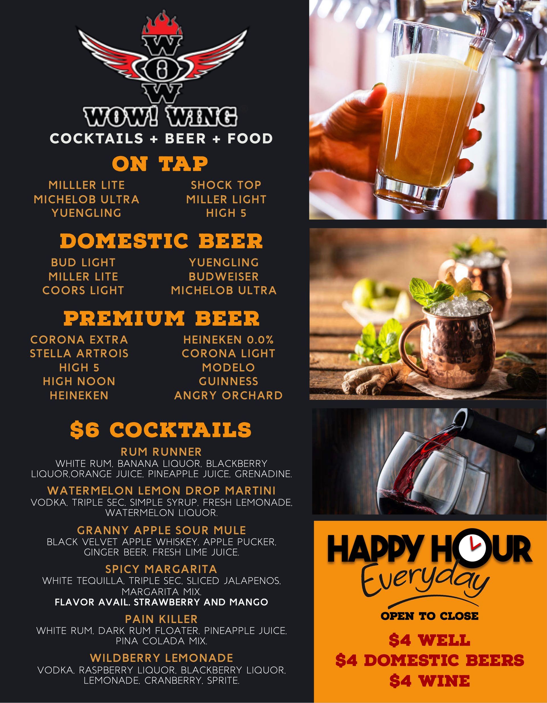 A menu for wow wing cocktails beer and food