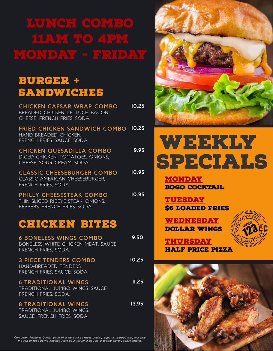 A menu with a picture of a hamburger and chicken bites