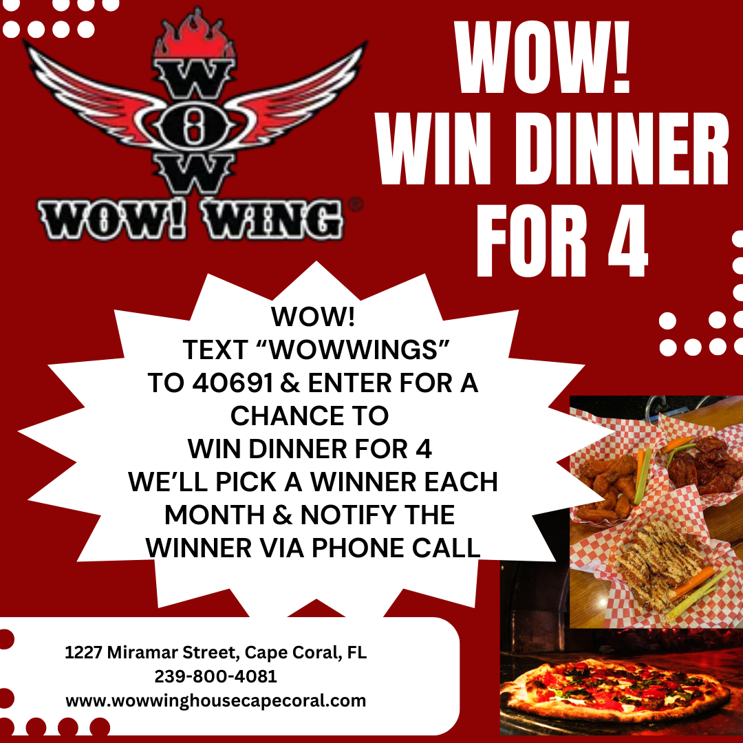 A poster that says wow win dinner for 4