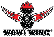 A logo for wow wing with wings and flames on a white background.